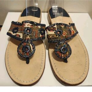 Jack Rogers "Navajo" Boho Fabric w/Leather Whipstich Thong Sandals Sz.9 Ret $138